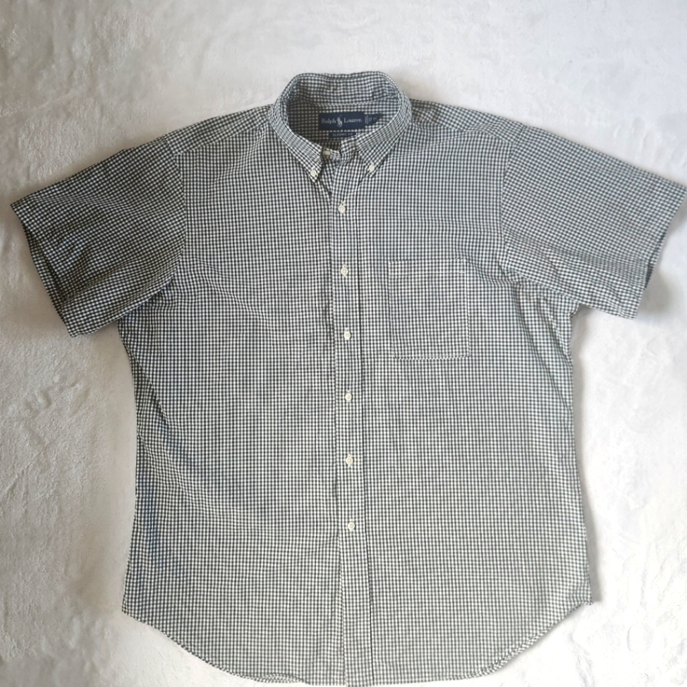 Ralph Lauren Mens XL‎ Short Sleeve Button Up PlaidPurple Pony Under Pocket